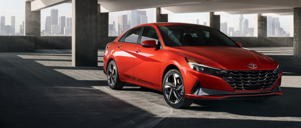 An Orange 2021 Hyundai Elantra in an empty parking garage