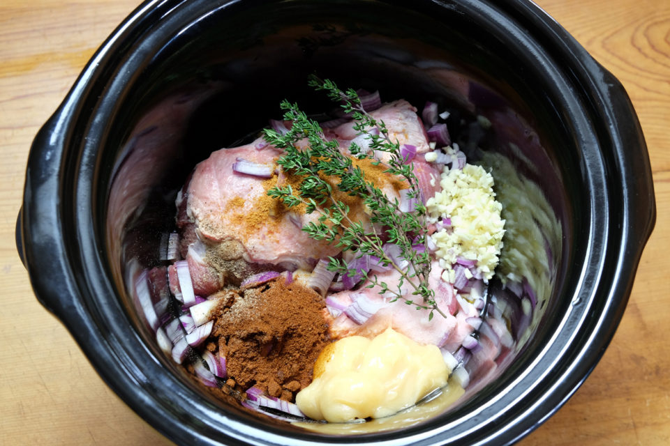 Ingredients for crockpot meal ready for cooking.