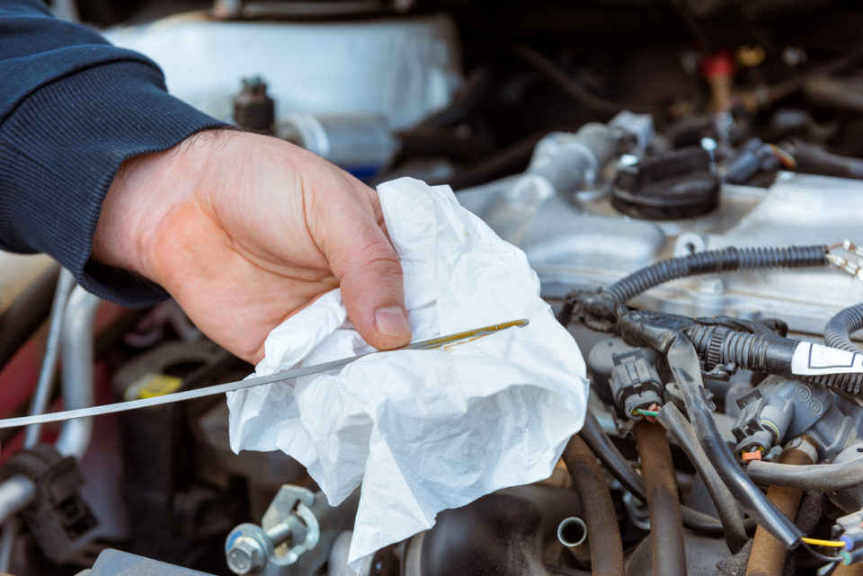 Car mechanic checking oil level