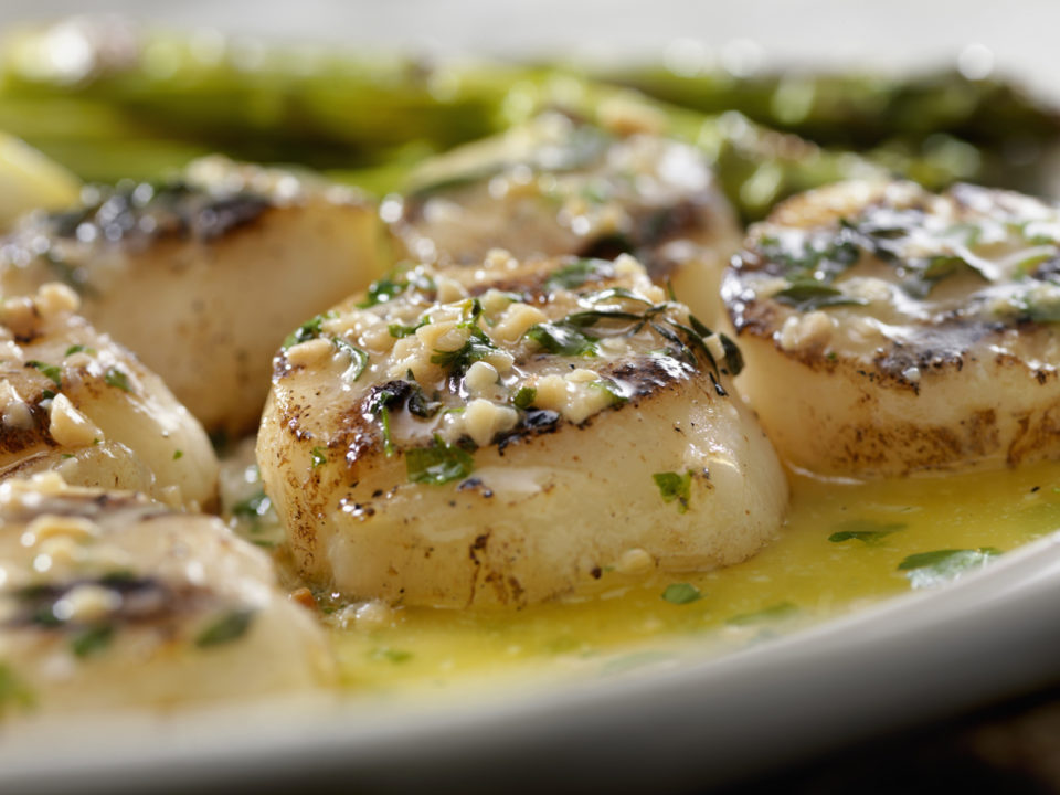 BBQ Grilled Scallops with Grilled Asparagus and a Herb, Garlic Butter Sauce
