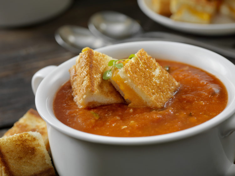 Roasted Tomato, Garlic and Basil Soup with Grilled Cheese