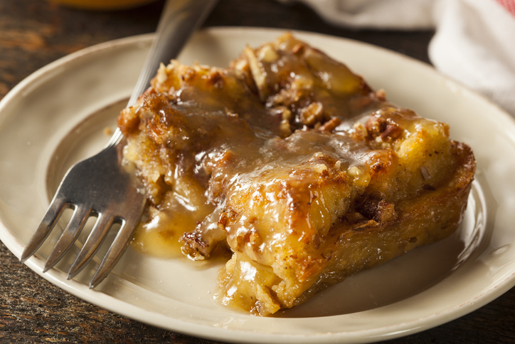 Sweet Homemade Bread Pudding Dessert with Caramel Sauce